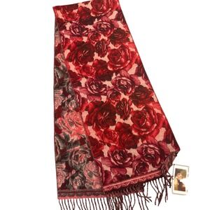 Hopeless Romantic Red Rose Floral Scarf Germany Acrylic Fringe New 11x62"